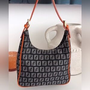 Fendi Black and Gray Monogram Shoulder Bag with Orange Trim